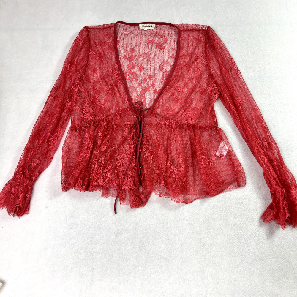 NATURALLY 99 Lace Cardigan Womens Medium Red Long Sleeve Bell Cuffs